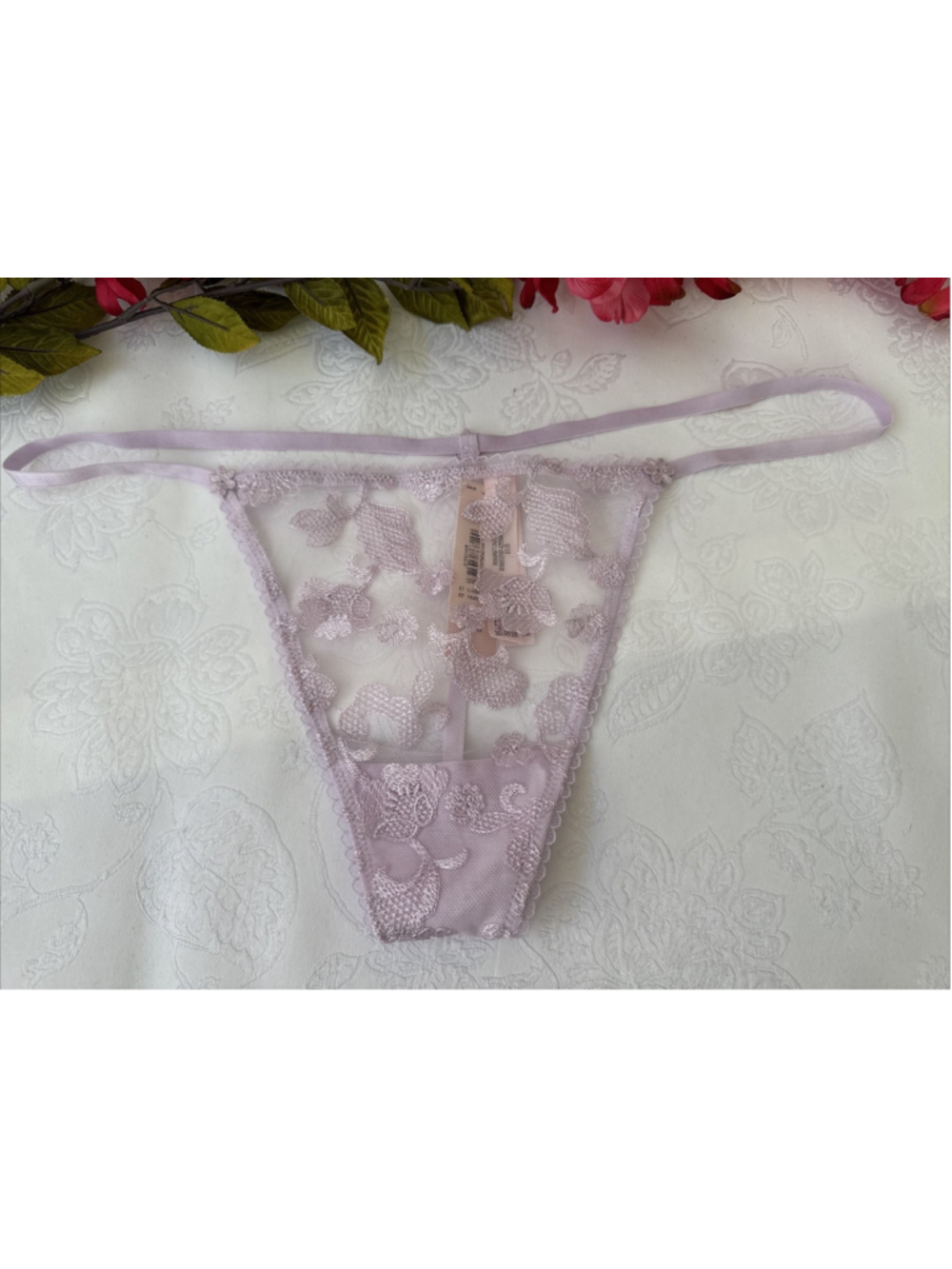 VICTORIA'S SECRET XL DREAM ANGELS LILAC EMBROIDERED V STRING THONG PANTIES NWT